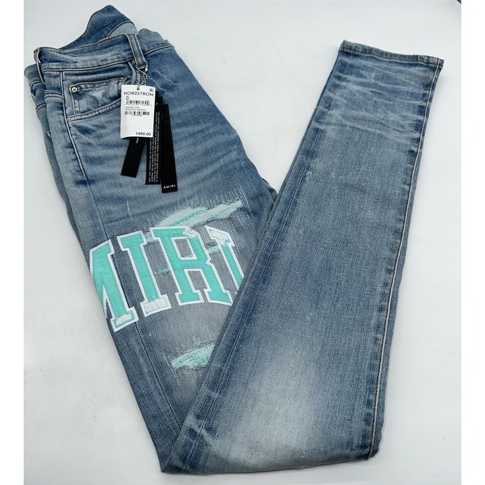 AMIRI Varsity Logo Rip & Repair Skinny Fit Jeans Size 29